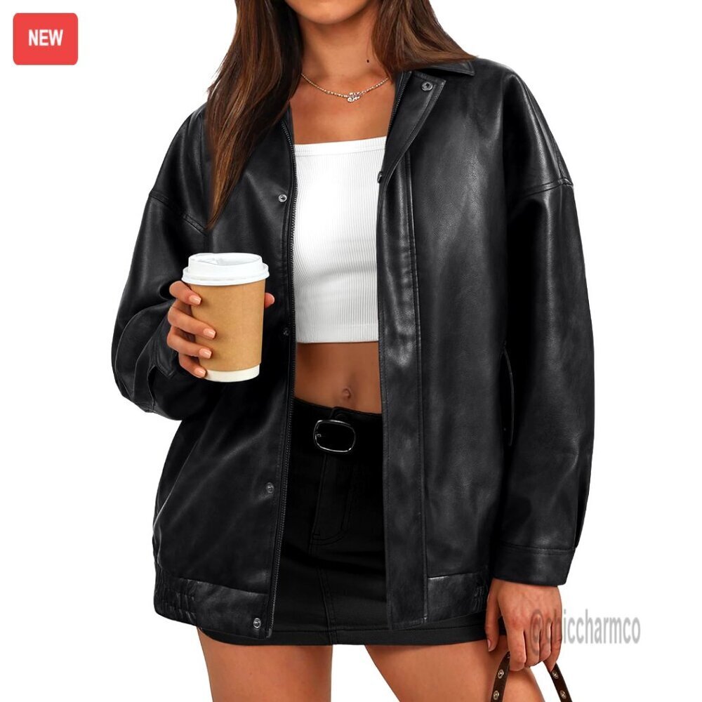Oversized Faux Leather Bomber Jacket Moto Style Zip Up Coat Chic Streetwear
